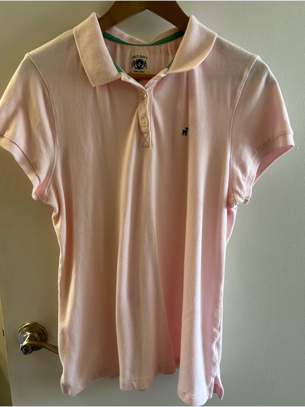 Old Navy Women's Pale Pink Polo with Green Logo Accent